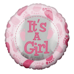 Round pink and white balloon with the words It’s A Girl and baby footprints