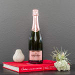 Sparkling wine bottle beside a small air plant and decorative vase on a red book