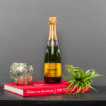 Champagne bottle beside a small plant and metallic candle holder on a red book