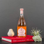 Wine bottle beside a small candle and air plant on a red book