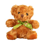 Brown teddy bear with a green ribbon bow