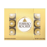 Gold Ferrero Rocher chocolate box with window showing gold-foil wrapped candies