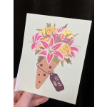 Greeting card with a bouquet illustration in a cone and a "Get well soon" tag