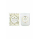 White candle in a frosted glass jar with matching box