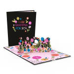Pop-up greeting card with colorful floral decorations and "I AM GRATEFUL FOR you" text