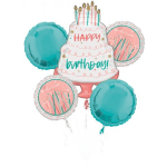 Birthday cake-shaped balloon bouquet with teal and pink balloons