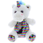 White teddy bear with rainbow sequin accents and a blue tuft on its head