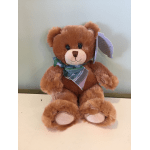 Brown plush teddy bear with a plaid ribbon around its neck