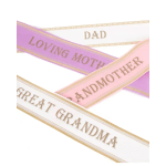 Pastel ribbons with gold text reading loving mother, dad, grandmother, and great grandma
