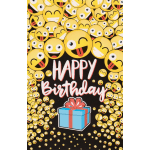 Birthday sign with yellow emoji faces and a gift box graphic