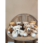 Several plush teddy bears arranged on a wooden bench