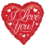 Red heart-shaped balloon with white "I Love You!" text and small hearts