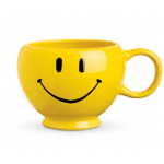 Yellow smiley-face mug on a white background