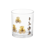 Clear glass tumbler with pressed yellow flowers