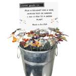 Metal bucket filled with colorful butterfly picks and a product sign