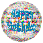 Round birthday balloon with colorful dots and blue text