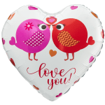 Heart-shaped balloon with two cartoon birds and the words love you