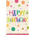 Colorful birthday card with large "HAPPY BIRTHDAY" text and confetti dots
