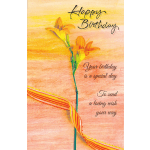 Birthday card with orange lilies and a striped ribbon on a warm background