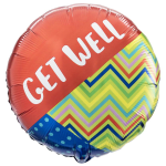 Round foil balloon with "GET WELL" text and colorful chevron pattern