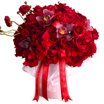 Red rose bouquet with pink orchids in a white box and red ribbon