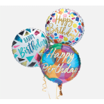 Three round birthday balloons with colorful confetti patterns