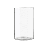 Tall clear cylindrical glass vase on a white background