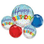 Birthday balloons with colorful "Happy Birthday" text and confetti dots