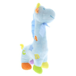 Blue plush giraffe toy with colorful patchwork accents