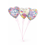 Three heart-shaped Mother's Day balloons with floral prints and pink ribbons