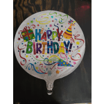 Round birthday balloon with colorful "Happy Birthday" text and confetti graphics