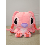 Pink plush bunny toy with long ears and large embroidered eyes
