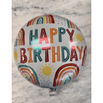 Round birthday balloon with rainbow and sun graphics
