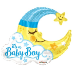 Moon-shaped baby boy balloon with stars and clouds