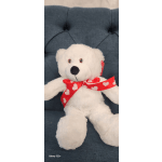 White teddy bear with a red heart ribbon sitting on a blue chair