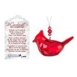 Red crystal cardinal ornament with a hanging cord and gift tag