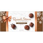 Rectangular Russell Stover milk chocolate assortment box with copper bow and snowflake design.