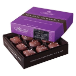 Box of milk chocolate sea salt caramels in purple and black packaging