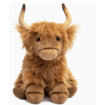 Brown plush highland cow stuffed animal with shaggy fur and curved horns sitting upright