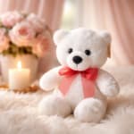 White teddy bear with a red bow beside a candle and pink roses