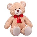 Plush teddy bear with a red bow on a white background