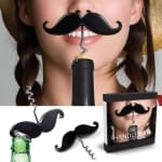 Novelty mustache bottle opener with a corkscrew and gift box