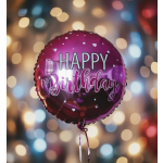 Pink birthday balloon with white lettering and heart dots