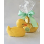 Yellow duck-shaped gift item wrapped in clear cellophane with a mint ribbon