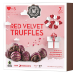 Box of red velvet truffles with heart graphics on pink packaging