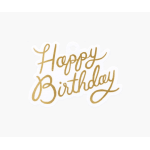 Gold "Happy Birthday" script sticker on a white background