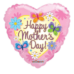 Heart-shaped pink Mother's Day balloon with butterflies and flowers