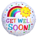 Round balloon with a rainbow, sun, and "GET WELL SOON" text