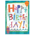Colorful birthday card with balloons and gift illustrations