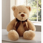 Plush teddy bear with a brown ribbon sitting indoors